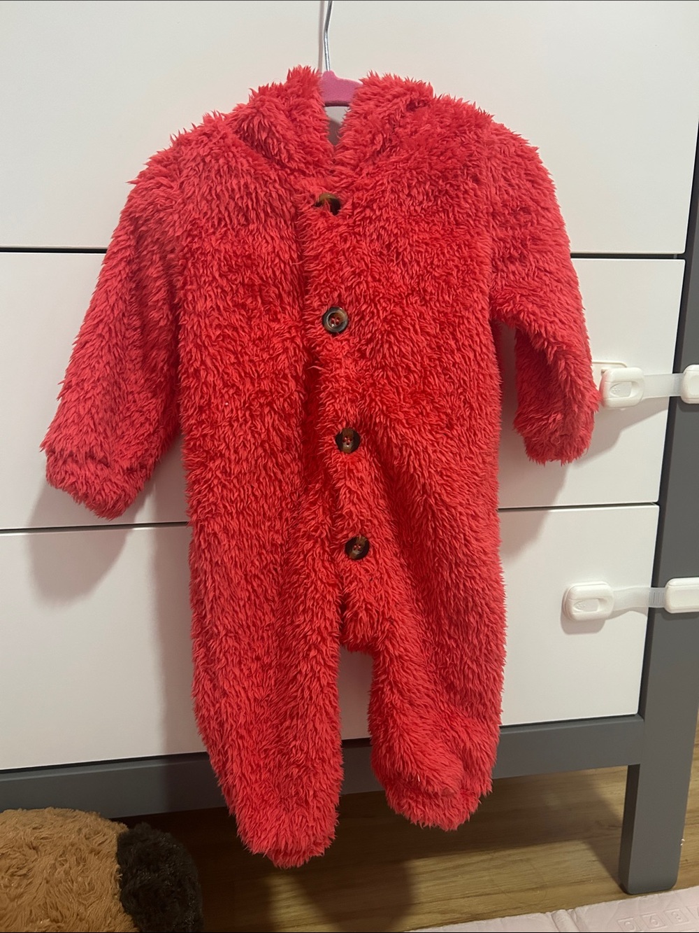 Cozy Red Fuzzy Hooded One-Piece for Kids